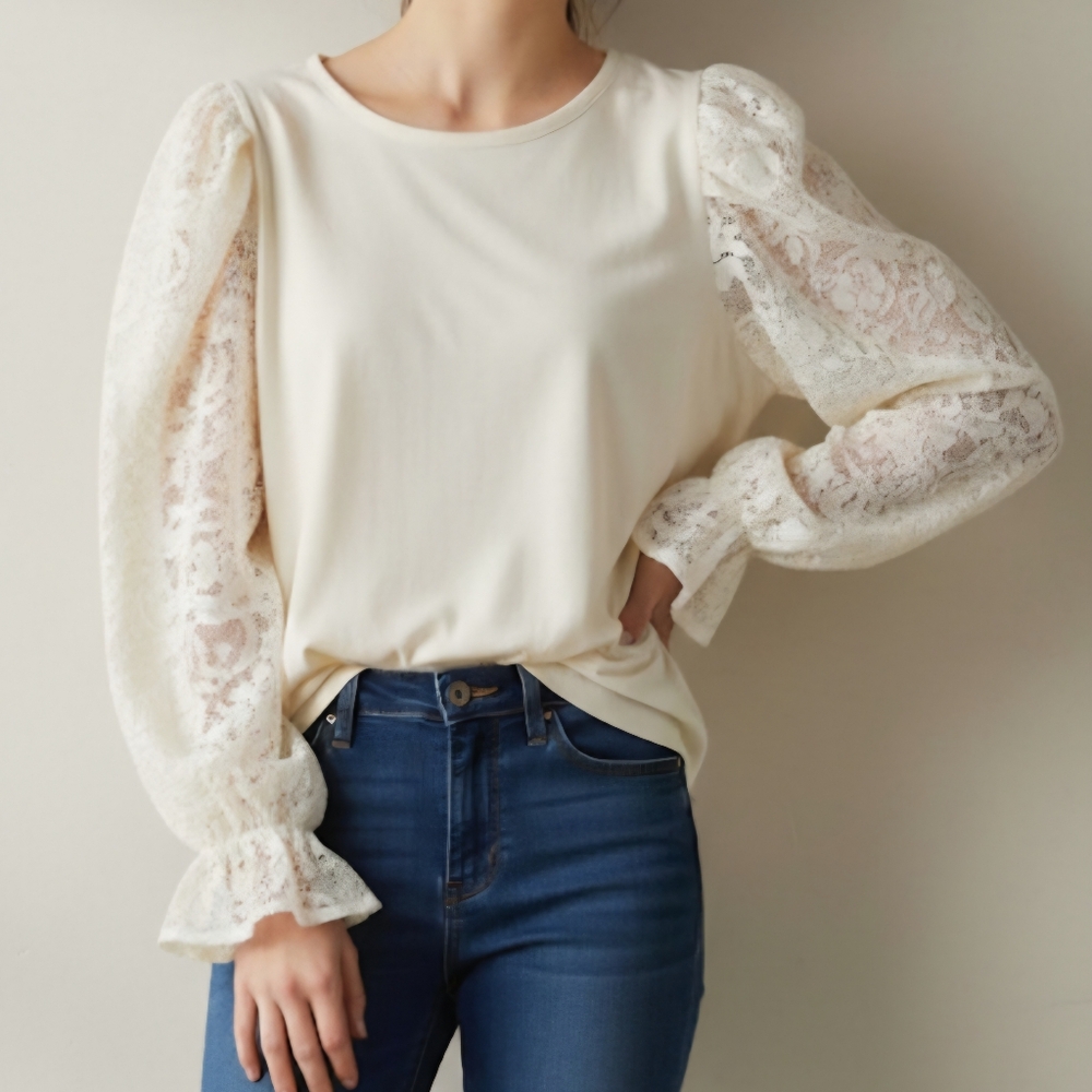 Cupio Women Whisper White Ivory Blouse Lacey Balloon Flutter Sleeves Sz L And XL